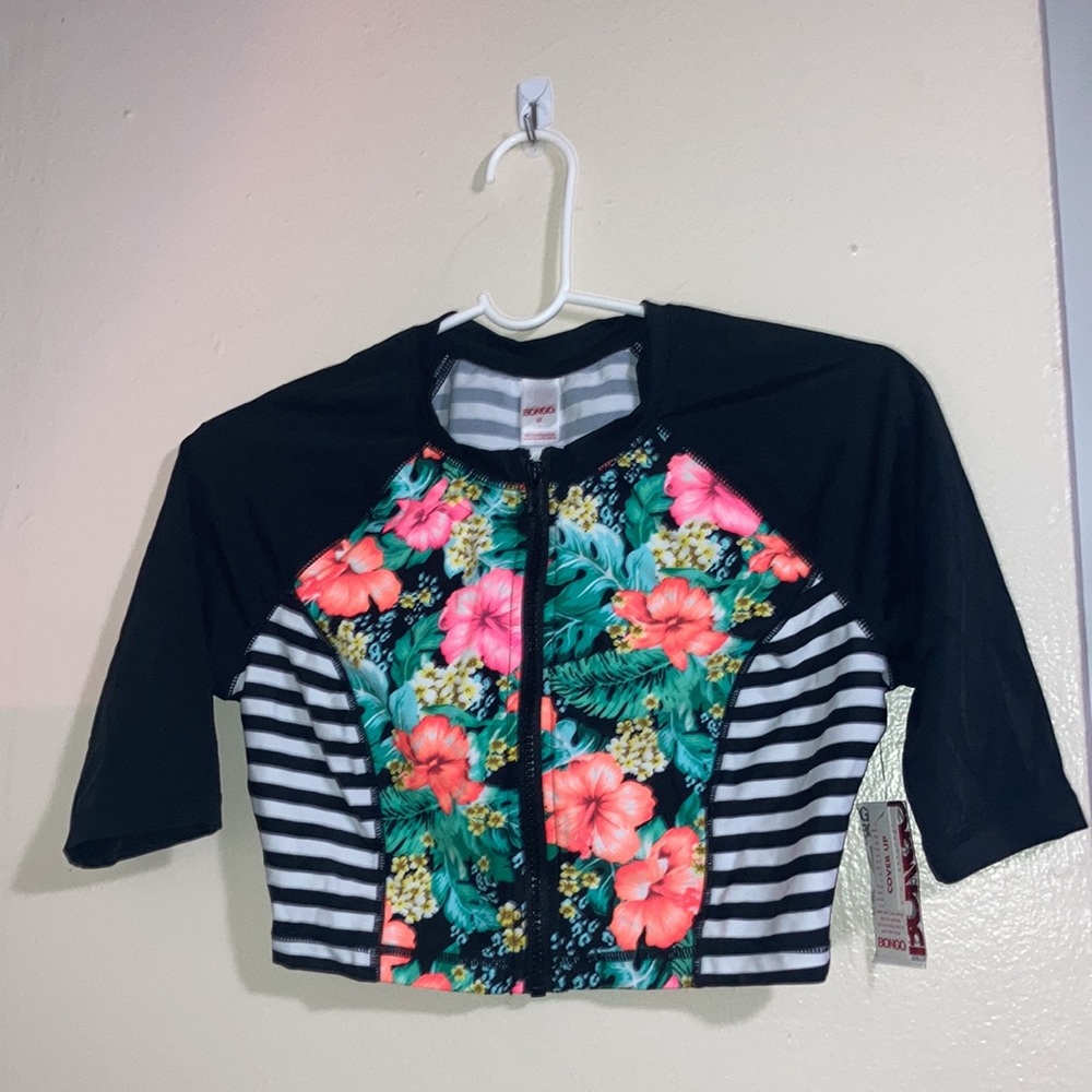 Bongo Juniors Medium Floral Stripe Cropped Rash Guard Swim Top Zip Front Black